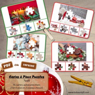 Jeu de cartes à pince - Puzzles - Thème Noël et ses traditions - 76 cartes autocorrectives de différents niveaux - 3 ou 4 propositions de réponses - Niveau 1 : pièces issues de puzzles différents - Niveau 2 : pièces issues du même puzzle - différents niveaux de difficulté - progressif - Autocorrection au dos : point grisé - Atelier autonome pré-scolaire, maternelle ou élémentaire - Cycles 1 et 2 - Document PDF à télécharger et imprimer ou jeu imprimé - Motricité fine et pince Pouce-Index avec pinces à linge, observation, discrimination visuelle, logique - ludique - Thème Hiver, fêtes de fin d'année - lslf