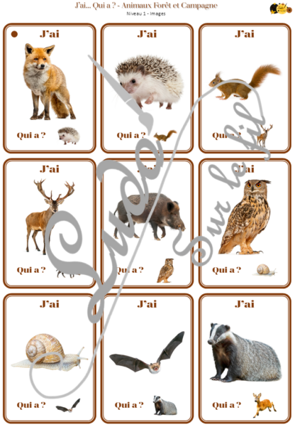 Jeu J'ai... qui a ? Animaux de la forêt et de la campagne - Travail sur le vocabulaire des animaux - développement et réinvestissement du langage, du lexique, de la logique - 70 cartes - 3 niveaux - 3 versions - lecture de mots - Jeu évolutif - Atelier autonome maternelle et cycle 2 - fichier à télécharger et à imprimer sous format PDF ou jeu imprimé - Automne, bois, nature