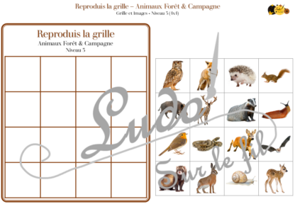 Reproduis la grille - Animaux de la forêt et de la campagne - 48 modèles à reproduire - Repérage dans l'espace et vocabulaire spatial - Variante pour travailler la mémoire - Variante à deux pour le langage oral - Dicte, décris la grille pour que l'autre jouer la reproduise - jeu et atelier autonome Maternelle (Cycle 1) et Primaire (Cycle 2) - PDF à télécharger et à imprimer ou jeu imprimé - difficulté progressive - repérage spatial - se repérer dans une grille, dans un tableau - Thèmes automne, bois, nature lslf