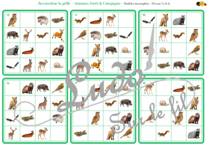 Reproduis la grille - Animaux de la forêt et de la campagne - 48 modèles à reproduire - Repérage dans l'espace et vocabulaire spatial - Variante pour travailler la mémoire - Variante à deux pour le langage oral - Dicte, décris la grille pour que l'autre jouer la reproduise - jeu et atelier autonome Maternelle (Cycle 1) et Primaire (Cycle 2) - PDF à télécharger et à imprimer ou jeu imprimé - difficulté progressive - repérage spatial - se repérer dans une grille, dans un tableau - Thèmes automne, bois, nature lslf