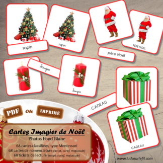 Jeu de cartes type Montessori (classifiées et de nomenclature) - Imagier de Noël - Décoration, repas, nourriture, personnages, traditions - Photos sur fond blanc - Autocorrection au dos (noms pour lecteurs, symboles pour non lecteur) - 3 graphies disponibles - Script, majuscule, cursif - Document PDF à télécharger et imprimer ou jeu imprimé - Fêtes de fin d'année - 68 cartes - Tickets de lecture - atelier autocorrectif maternelle élémentaire - Cycle 1 ou 2 - discrimination visuelle, observation, culture générale, lecture de mots, langage oral, lexique- lslf