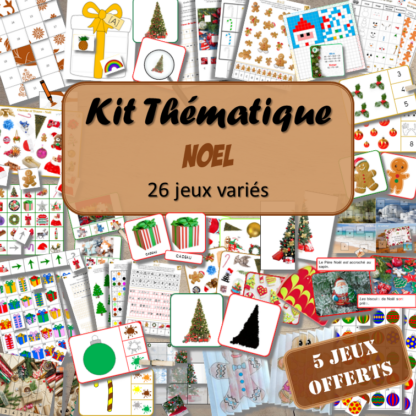 Kit thématique - Noël - 26 jeux variés pour le prix de 21 - 5 jeux offerts - Jeux pédagogiques, éducatifs et ludiques - Atelier autonome Maternelle (Cycle 1) et Primaire (Cycle 2 et 3) - PDF à télécharger et à imprimer - Difficulté progressive et différents niveaux pour la différenciation - Tarif préférentiel, réduction - Thèmes fêtes de fin d'année, Noël, Père Noël, hiver, décorations, cadeaux, traditions - lslf