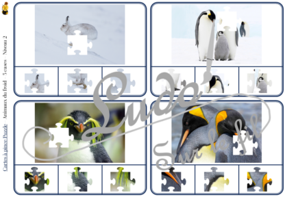 Jeu de cartes à pince - Puzzles - Thème Animaux du froid - 76 cartes autocorrectives de différents niveaux - 3 ou 4 propositions de réponses - Niveau 1 : pièces issues de puzzles différents - Niveau 2 : pièces issues du même puzzle - différents niveaux de difficulté - progressif - Autocorrection au dos : point grisé - Atelier autonome pré-scolaire, maternelle ou élémentaire - Cycles 1 et 2 - Document PDF à télécharger et imprimer ou jeu imprimé - Motricité fine et pince Pouce-Index avec pinces à linge, observation, discrimination visuelle, logique - ludique - Thème Hiver, Banquise, Antarctique, Arctique, pôles - lslf