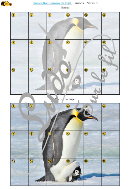 Jeu Puzzles Trac - Animaux du froid et de la banquise - inspiré du célèbre Shut the box - Fermer la boîte - Trac - lance les dés, choisis les pièces et complète ton puzzle au maximum - Mathématiques, constellations, dénombrement, additions, décomposition additive, stratégie, probabilité, différentes représentations nombre - Hiver - Jeu de société en 3 niveaux progressifs - de 1 à 18 - Atelier maternelle et élémentaire - PDF à télécharger et imprimer ou jeu imprimé - cycles 1 ou 2 - calcul - lslf