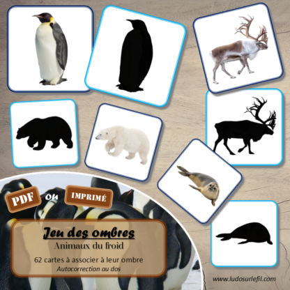 Jeu des ombres - Animaux du froid et de la banquise - Hiver - Vocabulaire, lexique - cartes à associer aux ombres - document PDF à télécharger et à imprimer ou jeu imprimé - atelier autocorrectif et autonome maternelle - Hiver - lslf