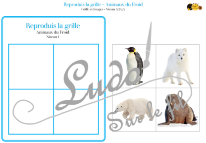 Reproduis la grille - Animaux du froid et de la banquise - 48 modèles à reproduire - Repérage dans l'espace et vocabulaire spatial - Variante pour travailler la mémoire - Variante à deux pour le langage oral - Dicte, décris la grille pour que l'autre jouer la reproduise - jeu et atelier autonome Maternelle (Cycle 1) et Primaire (Cycle 2) - PDF à télécharger et à imprimer ou jeu imprimé - difficulté progressive - repérage spatial - se repérer dans une grille, dans un tableau - Thèmes hiver, pôles, Antarctique, Arctique - lslf