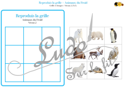 Reproduis la grille - Animaux du froid et de la banquise - 48 modèles à reproduire - Repérage dans l'espace et vocabulaire spatial - Variante pour travailler la mémoire - Variante à deux pour le langage oral - Dicte, décris la grille pour que l'autre jouer la reproduise - jeu et atelier autonome Maternelle (Cycle 1) et Primaire (Cycle 2) - PDF à télécharger et à imprimer ou jeu imprimé - difficulté progressive - repérage spatial - se repérer dans une grille, dans un tableau - Thèmes hiver, pôles, Antarctique, Arctique - lslf