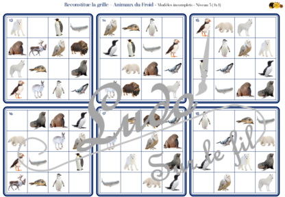 Reproduis la grille - Animaux du froid et de la banquise - 48 modèles à reproduire - Repérage dans l'espace et vocabulaire spatial - Variante pour travailler la mémoire - Variante à deux pour le langage oral - Dicte, décris la grille pour que l'autre jouer la reproduise - jeu et atelier autonome Maternelle (Cycle 1) et Primaire (Cycle 2) - PDF à télécharger et à imprimer ou jeu imprimé - difficulté progressive - repérage spatial - se repérer dans une grille, dans un tableau - Thèmes hiver, pôles, Antarctique, Arctique - lslf