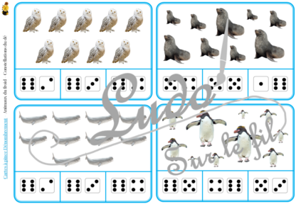 Jeu de cartes à pince de dénombrement de 1 à 15 - Thème Animaux du froid et de la banquise - 30 cartes autocorrectives avec différentes représentations des nombres - constellations du dé, chiffres, doigts de la main, mélangé - compter de 1 à 15 - 120 cartes réparties en 4 niveaux de difficulté - progressif - Autocorrection au dos - Atelier autonome maternelle ou élémentaire - Cycles 1 et 2 - Document PDF à télécharger et imprimer ou jeu imprimé - Motricité fine et pince Pouce-Index avec pinces à linge - ludique - Thème hiver, nature, neige, pôles, Antarctique, Arctique - lslf