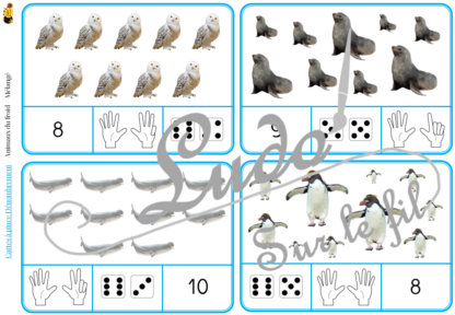 Jeu de cartes à pince de dénombrement de 1 à 15 - Thème Animaux du froid et de la banquise - 30 cartes autocorrectives avec différentes représentations des nombres - constellations du dé, chiffres, doigts de la main, mélangé - compter de 1 à 15 - 120 cartes réparties en 4 niveaux de difficulté - progressif - Autocorrection au dos - Atelier autonome maternelle ou élémentaire - Cycles 1 et 2 - Document PDF à télécharger et imprimer ou jeu imprimé - Motricité fine et pince Pouce-Index avec pinces à linge - ludique - Thème hiver, nature, neige, pôles, Antarctique, Arctique - lslf