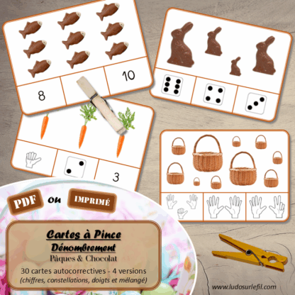 Jeu de cartes à pince de dénombrement de 1 à 15 - Thème Pâques et Chocolat - 30 cartes autocorrectives avec différentes représentations des nombres - constellations du dé, chiffres, doigts de la main, mélangé - compter de 1 à 15 - 120 cartes réparties en 4 niveaux de difficulté - progressif - Autocorrection au dos - Atelier autonome maternelle ou élémentaire - Cycles 1 et 2 - Document PDF à télécharger et imprimer ou jeu imprimé - Motricité fine et pince Pouce-Index avec pinces à linge - ludique - Thème Pâques, printemps, chocolat, animaux, gourmandises - lslf