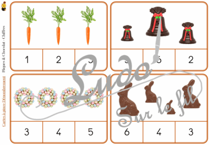 Jeu de cartes à pince de dénombrement de 1 à 15 - Thème Pâques et Chocolat - 30 cartes autocorrectives avec différentes représentations des nombres - constellations du dé, chiffres, doigts de la main, mélangé - compter de 1 à 15 - 120 cartes réparties en 4 niveaux de difficulté - progressif - Autocorrection au dos - Atelier autonome maternelle ou élémentaire - Cycles 1 et 2 - Document PDF à télécharger et imprimer ou jeu imprimé - Motricité fine et pince Pouce-Index avec pinces à linge - ludique - Thème Pâques, printemps, chocolat, animaux, gourmandises - lslf