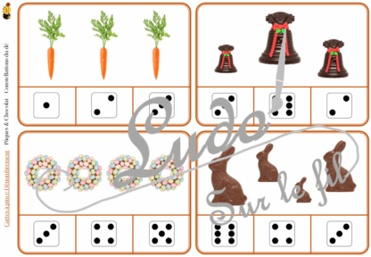 Jeu de cartes à pince de dénombrement de 1 à 15 - Thème Pâques et Chocolat - 30 cartes autocorrectives avec différentes représentations des nombres - constellations du dé, chiffres, doigts de la main, mélangé - compter de 1 à 15 - 120 cartes réparties en 4 niveaux de difficulté - progressif - Autocorrection au dos - Atelier autonome maternelle ou élémentaire - Cycles 1 et 2 - Document PDF à télécharger et imprimer ou jeu imprimé - Motricité fine et pince Pouce-Index avec pinces à linge - ludique - Thème Pâques, printemps, chocolat, animaux, gourmandises - lslf
