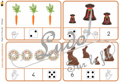 Jeu de cartes à pince de dénombrement de 1 à 15 - Thème Pâques et Chocolat - 30 cartes autocorrectives avec différentes représentations des nombres - constellations du dé, chiffres, doigts de la main, mélangé - compter de 1 à 15 - 120 cartes réparties en 4 niveaux de difficulté - progressif - Autocorrection au dos - Atelier autonome maternelle ou élémentaire - Cycles 1 et 2 - Document PDF à télécharger et imprimer ou jeu imprimé - Motricité fine et pince Pouce-Index avec pinces à linge - ludique - Thème Pâques, printemps, chocolat, animaux, gourmandises - lslf