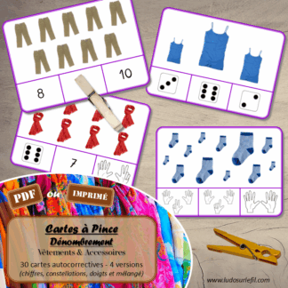 Jeu de cartes à pince de dénombrement de 1 à 15 - Thème Vêtements et Accessoires - 30 cartes autocorrectives avec différentes représentations des nombres - constellations du dé, chiffres, doigts de la main, mélangé - compter de 1 à 15 - 120 cartes réparties en 4 niveaux de difficulté - progressif - Autocorrection au dos - Atelier autonome maternelle ou élémentaire - Cycles 1 et 2 - Document PDF à télécharger et imprimer ou jeu imprimé - Motricité fine et pince Pouce-Index avec pinces à linge - ludique - Thème Vêtements et accessoires - lslf