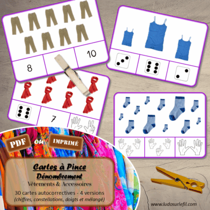 Jeu de cartes à pince de dénombrement de 1 à 15 - Thème Vêtements et Accessoires - 30 cartes autocorrectives avec différentes représentations des nombres - constellations du dé, chiffres, doigts de la main, mélangé - compter de 1 à 15 - 120 cartes réparties en 4 niveaux de difficulté - progressif - Autocorrection au dos - Atelier autonome maternelle ou élémentaire - Cycles 1 et 2 - Document PDF à télécharger et imprimer ou jeu imprimé - Motricité fine et pince Pouce-Index avec pinces à linge - ludique - Thème Vêtements et accessoires - lslf