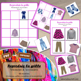 Reproduis la grille - Vêtements et accessoires - 48 modèles à reproduire - Repérage dans l'espace et vocabulaire spatial - Variante pour travailler la mémoire - Variante à deux pour le langage oral - Dicte, décris la grille pour que l'autre jouer la reproduise - jeu et atelier autonome Maternelle (Cycle 1) et Primaire (Cycle 2) - PDF à télécharger et à imprimer ou jeu imprimé - difficulté progressive - repérage spatial - se repérer dans une grille, dans un tableau - Thème Vêtements et accessoires - lslf