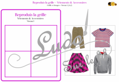 Reproduis la grille - Vêtements et accessoires - 48 modèles à reproduire - Repérage dans l'espace et vocabulaire spatial - Variante pour travailler la mémoire - Variante à deux pour le langage oral - Dicte, décris la grille pour que l'autre jouer la reproduise - jeu et atelier autonome Maternelle (Cycle 1) et Primaire (Cycle 2) - PDF à télécharger et à imprimer ou jeu imprimé - difficulté progressive - repérage spatial - se repérer dans une grille, dans un tableau - Thème Vêtements et accessoires - lslf