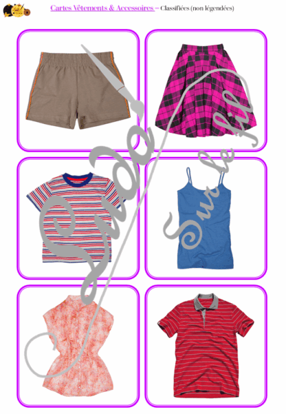 Jeu de cartes type Montessori (classifiées et de nomenclature) - Vêtements et Accessoires - Vêtements, chaussures, sous-vêtements, bébé, accessoires, bijoux, mercerie... - Photos sur fond blanc - Autocorrection au dos (noms pour lecteurs, symboles pour non lecteur) - 3 graphies disponibles - Script, majuscule, cursif - Document PDF à télécharger et imprimer ou jeu imprimé - 108 cartes - Tickets de lecture - atelier autocorrectif maternelle élémentaire - Cycle 1 ou 2 - discrimination visuelle, observation, culture générale, lecture de mots, langage oral, lexique - 4 saisons - lslf