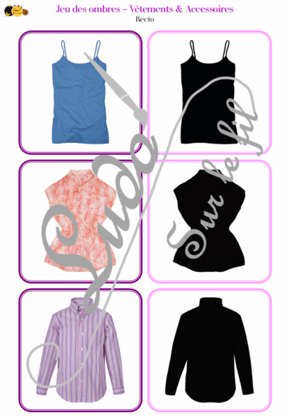Jeu des ombres - Vêtements et Accessoires - Vocabulaire, lexique - cartes à associer aux ombres - document PDF à télécharger et à imprimer ou jeu imprimé - atelier autocorrectif et autonome maternelle - Vêtements, accessoires, bijoux, chaussures, 4 saisons... - lslf