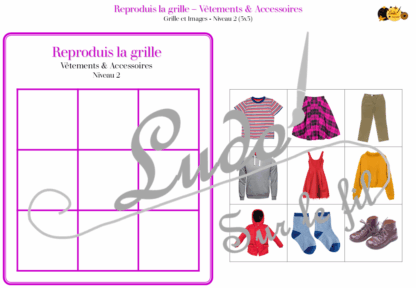 Reproduis la grille - Vêtements et accessoires - 48 modèles à reproduire - Repérage dans l'espace et vocabulaire spatial - Variante pour travailler la mémoire - Variante à deux pour le langage oral - Dicte, décris la grille pour que l'autre jouer la reproduise - jeu et atelier autonome Maternelle (Cycle 1) et Primaire (Cycle 2) - PDF à télécharger et à imprimer ou jeu imprimé - difficulté progressive - repérage spatial - se repérer dans une grille, dans un tableau - Thème Vêtements et accessoires - lslf