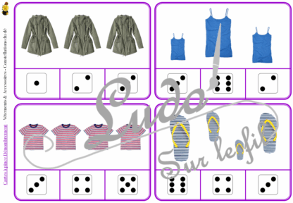 Jeu de cartes à pince de dénombrement de 1 à 15 - Thème Vêtements et Accessoires - 30 cartes autocorrectives avec différentes représentations des nombres - constellations du dé, chiffres, doigts de la main, mélangé - compter de 1 à 15 - 120 cartes réparties en 4 niveaux de difficulté - progressif - Autocorrection au dos - Atelier autonome maternelle ou élémentaire - Cycles 1 et 2 - Document PDF à télécharger et imprimer ou jeu imprimé - Motricité fine et pince Pouce-Index avec pinces à linge - ludique - Thème Vêtements et accessoires - lslf