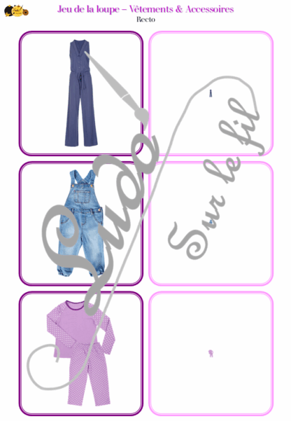 Jeu de la loupe - Vêtements et accessoires - Vocabulaire, lexique - cartes à associer aux miniatures - Apprentissage de l'utilisation de la loupe - document PDF à télécharger et à imprimer ou jeu imprimé - atelier autocorrectif et autonome maternelle - Vêtements, accessoires, bijoux, chaussures, 4 saisons... - lslf