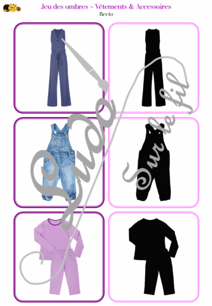 Jeu des ombres - Vêtements et Accessoires - Vocabulaire, lexique - cartes à associer aux ombres - document PDF à télécharger et à imprimer ou jeu imprimé - atelier autocorrectif et autonome maternelle - Vêtements, accessoires, bijoux, chaussures, 4 saisons... - lslf