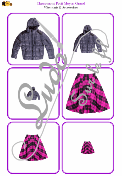 Jeu de classement, de rangement et de tri par taille - Vêtements & Accessoires - Cartes à trier, à classer et à ranger - Petit Moyen Grand - Jupes, Tee-shirt, Lunettes, Echarpes, 4 saisons... - fichier PDF à télécharger et à imprimer ou jeu imprimé - atelier autocorrectif maternelle et pré-scolaire - lslf