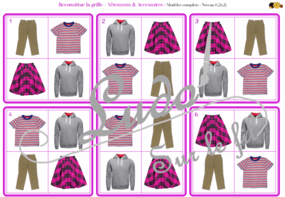 Reproduis la grille - Vêtements et accessoires - 48 modèles à reproduire - Repérage dans l'espace et vocabulaire spatial - Variante pour travailler la mémoire - Variante à deux pour le langage oral - Dicte, décris la grille pour que l'autre jouer la reproduise - jeu et atelier autonome Maternelle (Cycle 1) et Primaire (Cycle 2) - PDF à télécharger et à imprimer ou jeu imprimé - difficulté progressive - repérage spatial - se repérer dans une grille, dans un tableau - Thème Vêtements et accessoires - lslf