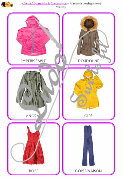 Jeu de cartes type Montessori (classifiées et de nomenclature) - Vêtements et Accessoires - Vêtements, chaussures, sous-vêtements, bébé, accessoires, bijoux, mercerie... - Photos sur fond blanc - Autocorrection au dos (noms pour lecteurs, symboles pour non lecteur) - 3 graphies disponibles - Script, majuscule, cursif - Document PDF à télécharger et imprimer ou jeu imprimé - 108 cartes - Tickets de lecture - atelier autocorrectif maternelle élémentaire - Cycle 1 ou 2 - discrimination visuelle, observation, culture générale, lecture de mots, langage oral, lexique - 4 saisons - lslf