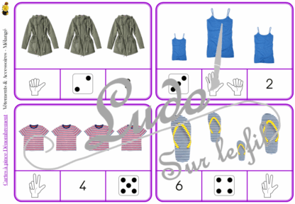 Jeu de cartes à pince de dénombrement de 1 à 15 - Thème Vêtements et Accessoires - 30 cartes autocorrectives avec différentes représentations des nombres - constellations du dé, chiffres, doigts de la main, mélangé - compter de 1 à 15 - 120 cartes réparties en 4 niveaux de difficulté - progressif - Autocorrection au dos - Atelier autonome maternelle ou élémentaire - Cycles 1 et 2 - Document PDF à télécharger et imprimer ou jeu imprimé - Motricité fine et pince Pouce-Index avec pinces à linge - ludique - Thème Vêtements et accessoires - lslf