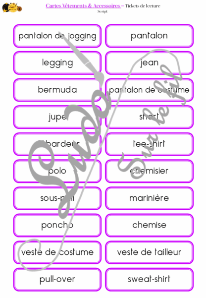 Jeu de cartes type Montessori (classifiées et de nomenclature) - Vêtements et Accessoires - Vêtements, chaussures, sous-vêtements, bébé, accessoires, bijoux, mercerie... - Photos sur fond blanc - Autocorrection au dos (noms pour lecteurs, symboles pour non lecteur) - 3 graphies disponibles - Script, majuscule, cursif - Document PDF à télécharger et imprimer ou jeu imprimé - 108 cartes - Tickets de lecture - atelier autocorrectif maternelle élémentaire - Cycle 1 ou 2 - discrimination visuelle, observation, culture générale, lecture de mots, langage oral, lexique - 4 saisons - lslf