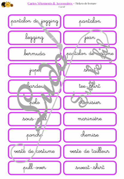 Jeu de cartes type Montessori (classifiées et de nomenclature) - Vêtements et Accessoires - Vêtements, chaussures, sous-vêtements, bébé, accessoires, bijoux, mercerie... - Photos sur fond blanc - Autocorrection au dos (noms pour lecteurs, symboles pour non lecteur) - 3 graphies disponibles - Script, majuscule, cursif - Document PDF à télécharger et imprimer ou jeu imprimé - 108 cartes - Tickets de lecture - atelier autocorrectif maternelle élémentaire - Cycle 1 ou 2 - discrimination visuelle, observation, culture générale, lecture de mots, langage oral, lexique - 4 saisons - lslf