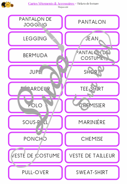 Jeu de cartes type Montessori (classifiées et de nomenclature) - Vêtements et Accessoires - Vêtements, chaussures, sous-vêtements, bébé, accessoires, bijoux, mercerie... - Photos sur fond blanc - Autocorrection au dos (noms pour lecteurs, symboles pour non lecteur) - 3 graphies disponibles - Script, majuscule, cursif - Document PDF à télécharger et imprimer ou jeu imprimé - 108 cartes - Tickets de lecture - atelier autocorrectif maternelle élémentaire - Cycle 1 ou 2 - discrimination visuelle, observation, culture générale, lecture de mots, langage oral, lexique - 4 saisons - lslf