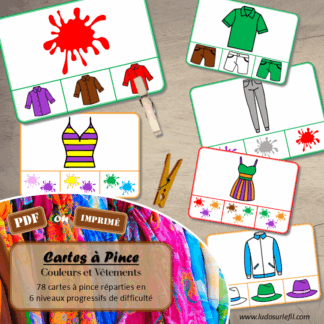 Jeu de cartes à pince sur les couleurs et les vêtements - Pour un thème sur les vêtements et les accessoires - 78 cartes réparties en 6 niveaux de difficulté - progressif - 1, 2, 3 couleurs - Vêtements et couleurs ou deux vêtements différents - Autocorrection au dos - Atelier préscolaire et maternelle autonome - Thème Vêtements et accessoires - Support pédagogique - Document PDF à télécharger et imprimer ou jeu imprimé - Motricité fine et pince Pouce-Index avec pinces à linge - ludique - lslf