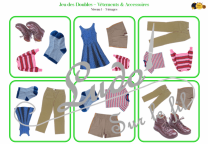 Jeu des doubles - Vêtements & Accessoires : hauts, bas, chaussures, sous-vêtements... - 5 niveaux progressifs (3 4 5 6 ou 8 images) - Dobble - jeu pour travailler la discrimination visuelle, la rapidité l'observation et le lexique / vocabulaire autour des vêtements et des accessoires - Document PDF à télécharger et à imprimer ou jeu imprimé - lslf