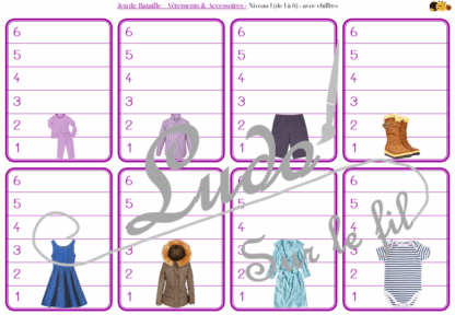Jeu de bataille - Vêtements & Accessoires - Comparaison de taille et de chiffres et nombres - 4 niveaux - avec ou sans chiffre - de 1 à 6 - de 1 à 10 - de 5 à 50 de 5 en 5 - de 10 à 100 de 10 en 10 - Progressif - Classement par ordre croissant - Rangement - Tri taille - Reconnaissance Chiffres - à télécharger et à imprimer ou jeu imprimé - Atelier maternelle et Cycle 2 - Vocabulaire Vêtements, chaussures, bas, haut, 4 saisons - Thème vêtements et accessoires - lslf