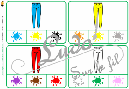 Jeu de cartes à pince sur les couleurs et les vêtements - Pour un thème sur les vêtements et les accessoires - 78 cartes réparties en 6 niveaux de difficulté - progressif - 1, 2, 3 couleurs - Vêtements et couleurs ou deux vêtements différents - Autocorrection au dos - Atelier préscolaire et maternelle autonome - Thème Vêtements et accessoires - Support pédagogique - Document PDF à télécharger et imprimer ou jeu imprimé - Motricité fine et pince Pouce-Index avec pinces à linge - ludique - lslf