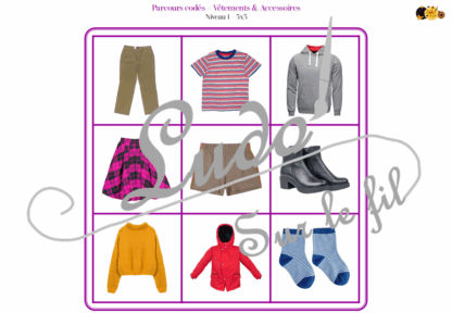 Suis les parcours codés - Vêtements et Accessoires : pantalons, bas, hauts, chaussures... - codage, repérage et vocabulaire spatial - jeu et atelier autonome et autocorrectif Maternelle (Cycle 1) et Primaire (Cycle 2) - Niveaux et difficulté progressifs - PDF à télécharger et à imprimer ou jeu imprimé - difficulté progressive et solutions - lslf