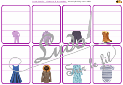 Jeu de bataille - Vêtements & Accessoires - Comparaison de taille et de chiffres et nombres - 4 niveaux - avec ou sans chiffre - de 1 à 6 - de 1 à 10 - de 5 à 50 de 5 en 5 - de 10 à 100 de 10 en 10 - Progressif - Classement par ordre croissant - Rangement - Tri taille - Reconnaissance Chiffres - à télécharger et à imprimer ou jeu imprimé - Atelier maternelle et Cycle 2 - Vocabulaire Vêtements, chaussures, bas, haut, 4 saisons - Thème vêtements et accessoires - lslf