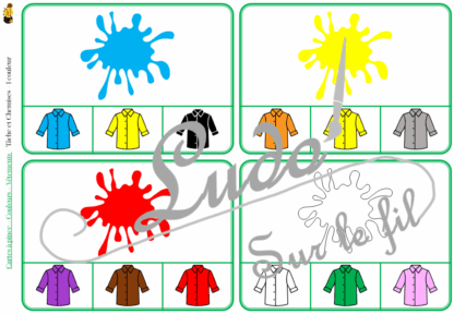 Jeu de cartes à pince sur les couleurs et les vêtements - Pour un thème sur les vêtements et les accessoires - 78 cartes réparties en 6 niveaux de difficulté - progressif - 1, 2, 3 couleurs - Vêtements et couleurs ou deux vêtements différents - Autocorrection au dos - Atelier préscolaire et maternelle autonome - Thème Vêtements et accessoires - Support pédagogique - Document PDF à télécharger et imprimer ou jeu imprimé - Motricité fine et pince Pouce-Index avec pinces à linge - ludique - lslf
