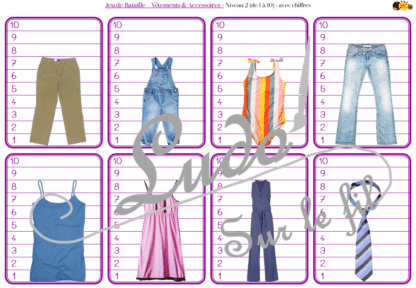 Jeu de bataille - Vêtements & Accessoires - Comparaison de taille et de chiffres et nombres - 4 niveaux - avec ou sans chiffre - de 1 à 6 - de 1 à 10 - de 5 à 50 de 5 en 5 - de 10 à 100 de 10 en 10 - Progressif - Classement par ordre croissant - Rangement - Tri taille - Reconnaissance Chiffres - à télécharger et à imprimer ou jeu imprimé - Atelier maternelle et Cycle 2 - Vocabulaire Vêtements, chaussures, bas, haut, 4 saisons - Thème vêtements et accessoires - lslf