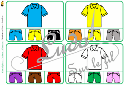 Jeu de cartes à pince sur les couleurs et les vêtements - Pour un thème sur les vêtements et les accessoires - 78 cartes réparties en 6 niveaux de difficulté - progressif - 1, 2, 3 couleurs - Vêtements et couleurs ou deux vêtements différents - Autocorrection au dos - Atelier préscolaire et maternelle autonome - Thème Vêtements et accessoires - Support pédagogique - Document PDF à télécharger et imprimer ou jeu imprimé - Motricité fine et pince Pouce-Index avec pinces à linge - ludique - lslf