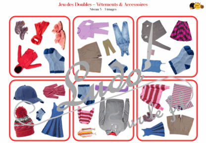 Jeu des doubles - Vêtements & Accessoires : hauts, bas, chaussures, sous-vêtements... - 5 niveaux progressifs (3 4 5 6 ou 8 images) - Dobble - jeu pour travailler la discrimination visuelle, la rapidité l'observation et le lexique / vocabulaire autour des vêtements et des accessoires - Document PDF à télécharger et à imprimer ou jeu imprimé - lslf