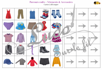 Suis les parcours codés - Vêtements et Accessoires : pantalons, bas, hauts, chaussures... - codage, repérage et vocabulaire spatial - jeu et atelier autonome et autocorrectif Maternelle (Cycle 1) et Primaire (Cycle 2) - Niveaux et difficulté progressifs - PDF à télécharger et à imprimer ou jeu imprimé - difficulté progressive et solutions - lslf