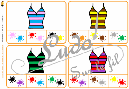 Jeu de cartes à pince sur les couleurs et les vêtements - Pour un thème sur les vêtements et les accessoires - 78 cartes réparties en 6 niveaux de difficulté - progressif - 1, 2, 3 couleurs - Vêtements et couleurs ou deux vêtements différents - Autocorrection au dos - Atelier préscolaire et maternelle autonome - Thème Vêtements et accessoires - Support pédagogique - Document PDF à télécharger et imprimer ou jeu imprimé - Motricité fine et pince Pouce-Index avec pinces à linge - ludique - lslf