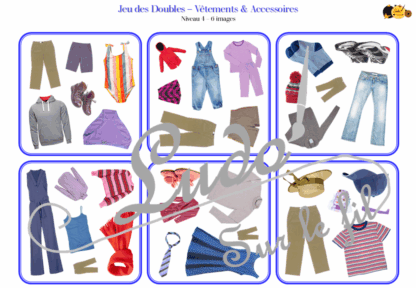 Jeu des doubles - Vêtements & Accessoires : hauts, bas, chaussures, sous-vêtements... - 5 niveaux progressifs (3 4 5 6 ou 8 images) - Dobble - jeu pour travailler la discrimination visuelle, la rapidité l'observation et le lexique / vocabulaire autour des vêtements et des accessoires - Document PDF à télécharger et à imprimer ou jeu imprimé - lslf