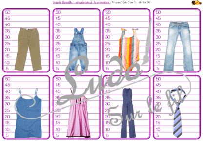 Jeu de bataille - Vêtements & Accessoires - Comparaison de taille et de chiffres et nombres - 4 niveaux - avec ou sans chiffre - de 1 à 6 - de 1 à 10 - de 5 à 50 de 5 en 5 - de 10 à 100 de 10 en 10 - Progressif - Classement par ordre croissant - Rangement - Tri taille - Reconnaissance Chiffres - à télécharger et à imprimer ou jeu imprimé - Atelier maternelle et Cycle 2 - Vocabulaire Vêtements, chaussures, bas, haut, 4 saisons - Thème vêtements et accessoires - lslf