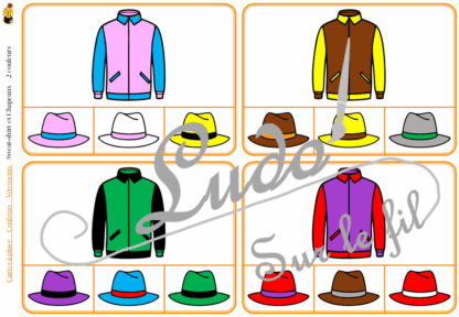 Jeu de cartes à pince sur les couleurs et les vêtements - Pour un thème sur les vêtements et les accessoires - 78 cartes réparties en 6 niveaux de difficulté - progressif - 1, 2, 3 couleurs - Vêtements et couleurs ou deux vêtements différents - Autocorrection au dos - Atelier préscolaire et maternelle autonome - Thème Vêtements et accessoires - Support pédagogique - Document PDF à télécharger et imprimer ou jeu imprimé - Motricité fine et pince Pouce-Index avec pinces à linge - ludique - lslf